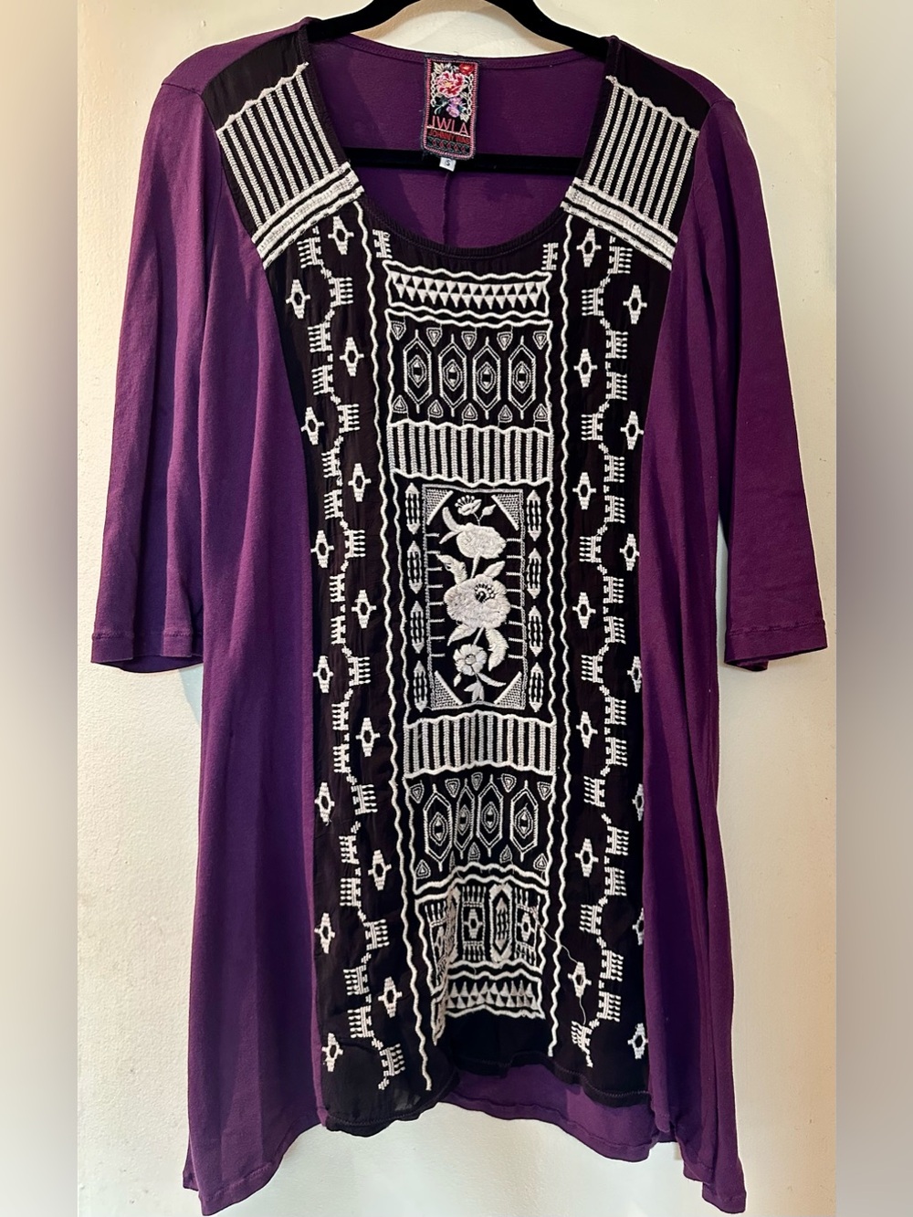 Johnny Was JWLA Purple Embroidered 3/4 Sleeve Tunic Boho Dress Size S